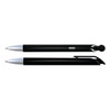 A pair of black plastic pens with silver accents, featuring different styles of pen tips and clips.