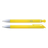 A set of yellow plastic pens with silver accents, featuring a click mechanism and a sleek design.