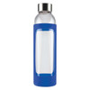 A drink bottle with a clear glass body and a blue silicone sleeve, featuring a metal cap and a branding logo.