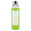 A drink bottle with a transparent glass body and a bright green silicone sleeve, featuring a metal cap.