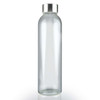 A drink bottle with a clear glass body and a stainless steel lid, designed for stylish hydration.