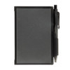 A black pocket notebook with a pen attached, featuring a sleek design, suitable for office or business use.