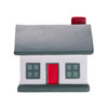 A stress reliever shaped like a house, featuring gray, white, and red colors. It has a chimney and door details.
