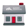 A house-shaped stress reliever in grey, white, and red, featuring a logo on the front.