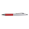 A metal pen featuring a sleek silver body with a vibrant red grip adorned with decorative studs.