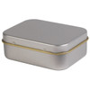 A silver rectangular tin with a gold rim, suitable for packaging pens or other small items.