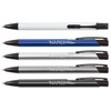A collection of four metal pens in white, blue, silver, and black, with a logo on some pens.