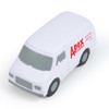 A white stress reliever in the shape of a transit van, featuring the text "Apex Couriers" and "same day delivery."