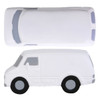 A white transit van stress reliever featuring black wheels and detailed windows. It has a simple design and a logo.