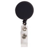 A retractable name badge holder with a black round top and a transparent strap for attaching badges.