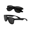 Two pairs of black sunglasses, featuring a classic design, resting against a white background.