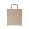 A beige reusable grocery bag with short handles, featuring a simple design and no visible logos.
