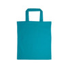 A turquoise cotton tote bag with short handles.