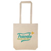 A tote bag in a natural color featuring a logo with green and blue text and an airplane graphic.