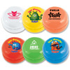 A collection of colorful yo-yos in orange, green, yellow, and white, featuring various character designs and logos.