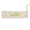 A cream-coloured drawstring pouch with a logo in green and yellow. Ideal for various small items.
