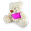 A plush teddy bear in cream with a pink shirt, featuring soft fur and a friendly expression.