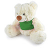 A plush teddy bear in white with a green vest, featuring soft fur and a friendly face.