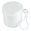 A white, round container with a secure lid and a clip for easy attachment.