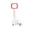 A charging cable featuring a compact design with a red connector and three white cables for various devices.