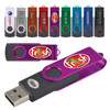 A collection of colorful swivel USB flash drives in various designs, featuring a logo on a purple drive.