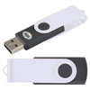 A swivel USB flash drive in black and white, featuring a logo and a retractable design for easy storage.