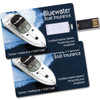 A credit card-sized flash drive featuring a boat image, with a dark blue background and a logo.