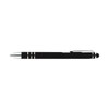 A sleek black stylus pen with silver accents and a rubber tip for touchscreen use.