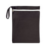 A black wet bag with a white zipper and a side handle, featuring a branding logo.