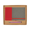 A grey notebook with a red cover and a pink pen, packaged in a brown gift box.