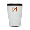 A reusable coffee cup in white with a textured design and a logo on the front.