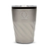 A reusable coffee cup in a sleek silver finish with a swirling design and a transparent lid. Features a logo.