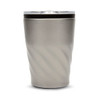 A reusable coffee cup with a sleek, brushed metal finish and a twisted design, featuring a transparent lid.
