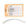 A bamboo luggage tag featuring a blank white area for personal information and a clear attachment loop.