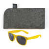 A pair of vibrant yellow sunglasses with gray lenses, accompanied by a gray felt case.