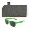 A pair of green sunglasses with dark lenses and a grey felt case.