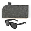 A pair of black sunglasses with dark lenses is displayed alongside a grey felt protective case.