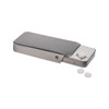 A sleek silver slider tin containing sugar-free breath mints, with a couple of mints beside it.