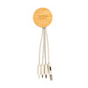 A round bamboo charging cable with multiple connectors and a logo, featuring a natural tan and white colour scheme.