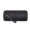 A black Bluetooth speaker with a textured surface and buttons, featuring a looped strap for easy carrying.