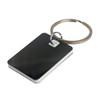 A rectangle stainless steel keytag featuring a sleek design with a shiny finish and a metal keyring for attachment.