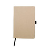 A beige A5 notebook with a black elastic band closure and a simple design. Includes a logo on the cover.