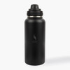 A drink bottle made of stainless steel, featuring a sleek black finish and a twist-on cap with a logo.