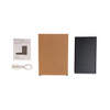 A black power bank with a cardboard box and white charging cable, accompanied by an instruction sheet.