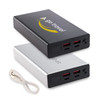 A black and silver power bank featuring two USB ports each, with a charging cable included.