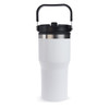 A drink bottle with a white body and black lid, featuring a handle and a metallic accent. It has a branded logo.