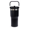 A drink bottle in black with a silver accent and a handle, designed as a tumbler. It has a lid and a logo.