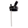 A drink bottle lid featuring a black design, complete with a retractable handle and a clear, flexible straw.