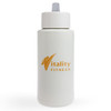 A drink bottle in white with a silver cap, featuring a logo in orange.