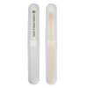 A toothbrush case featuring a transparent exterior and a bamboo toothbrush inside, labeled with "Crown Royale Hotel."